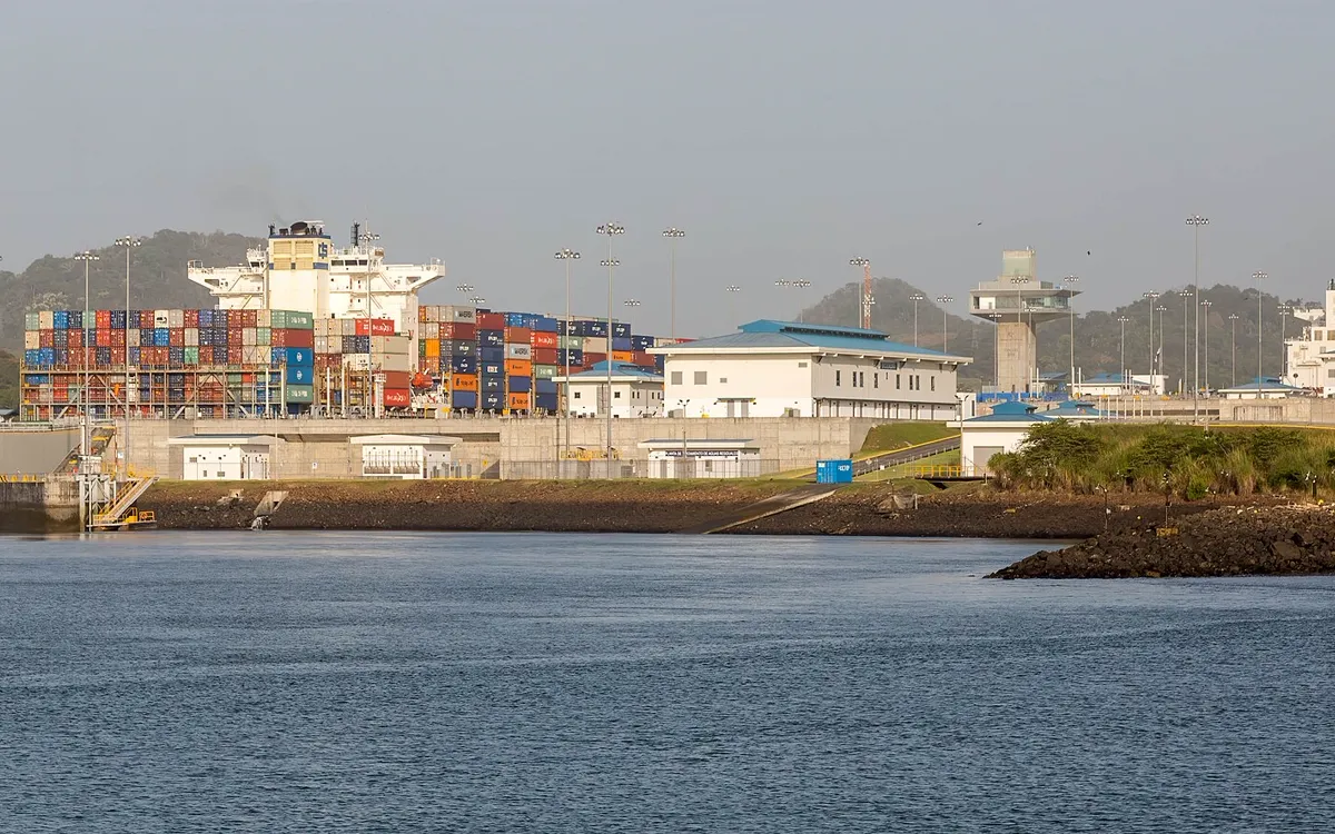 A heavily loaded container ship entering the new Cocoli locks on the Pacific side of the Panama Canal