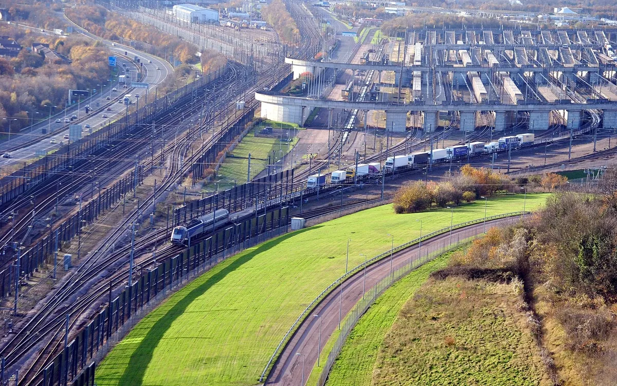 Rail yards and shuttle trains at the Eurotunnel terminal in Folkestone seen from above