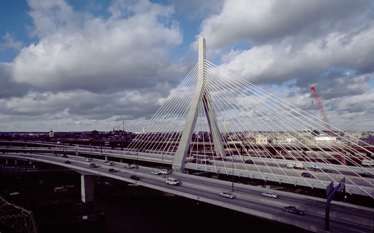 The cable-stayed Zakim Bunker Hill Memorial Bridge carrying traffic across the Charles River in Boston